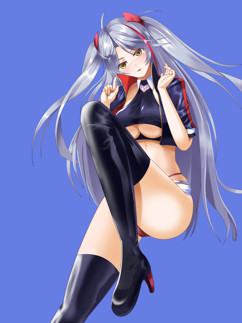 1girl absurdres azur_lane belt black_footwear blue_background boots breasts clothing_cutout cropped_shirt headgear high_heel_boots high_heels highres jacket large_breasts long_hair looking_at_viewer multicolored_hair official_alternate_costume panties panty_straps prinz_eugen_(azur_lane) prinz_eugen_(final_lap)_(azur_lane) purple_jacket racequeen rainman46 red_panties redhead short_sleeves silver_hair simple_background solo streaked_hair thigh-highs thigh_boots two-tone_hair under_boob underboob_cutout underwear very_long_hair white_belt yellow_eyes