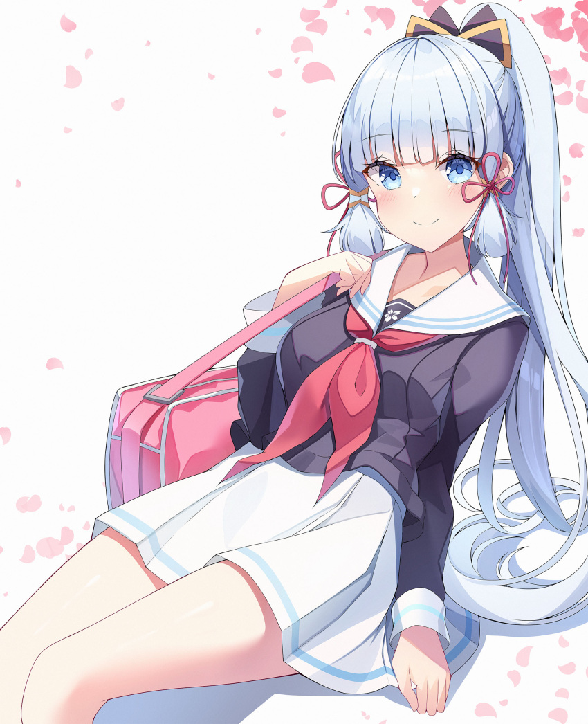 1girl absurdres bag black_shirt blue_eyes blush breasts closed_mouth commentary feet_out_of_frame genshin_impact grey_background high_ponytail highres kamisato_ayaka long_hair long_sleeves looking_at_viewer medium_breasts neckerchief petals pleated_skirt ponytail red_neckerchief sailor_collar school_bag school_uniform serafuku shirt sidelocks silver_hair skirt sleeves_past_wrists smile sob_(submar1089) solo very_long_hair white_sailor_collar white_skirt