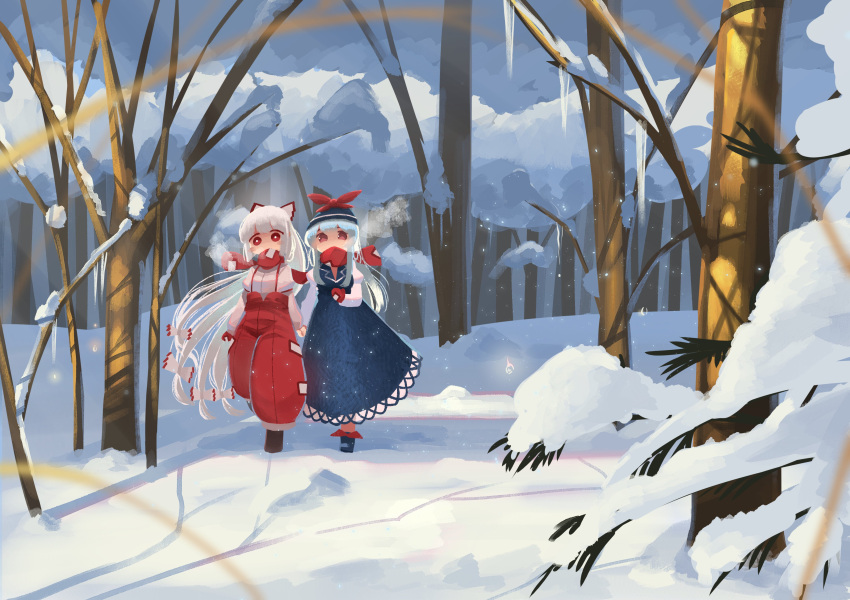 2girls absurdres bangs bare_tree blue_dress blue_hair blue_headwear dress forest fujiwara_no_mokou full_body highres kamishirasawa_keine long_hair looking_at_viewer multiple_girls nature outdoors pants red_eyes red_pants red_scarf scarf snow solo standing suspenders sweet_reverie touhou tree white_hair