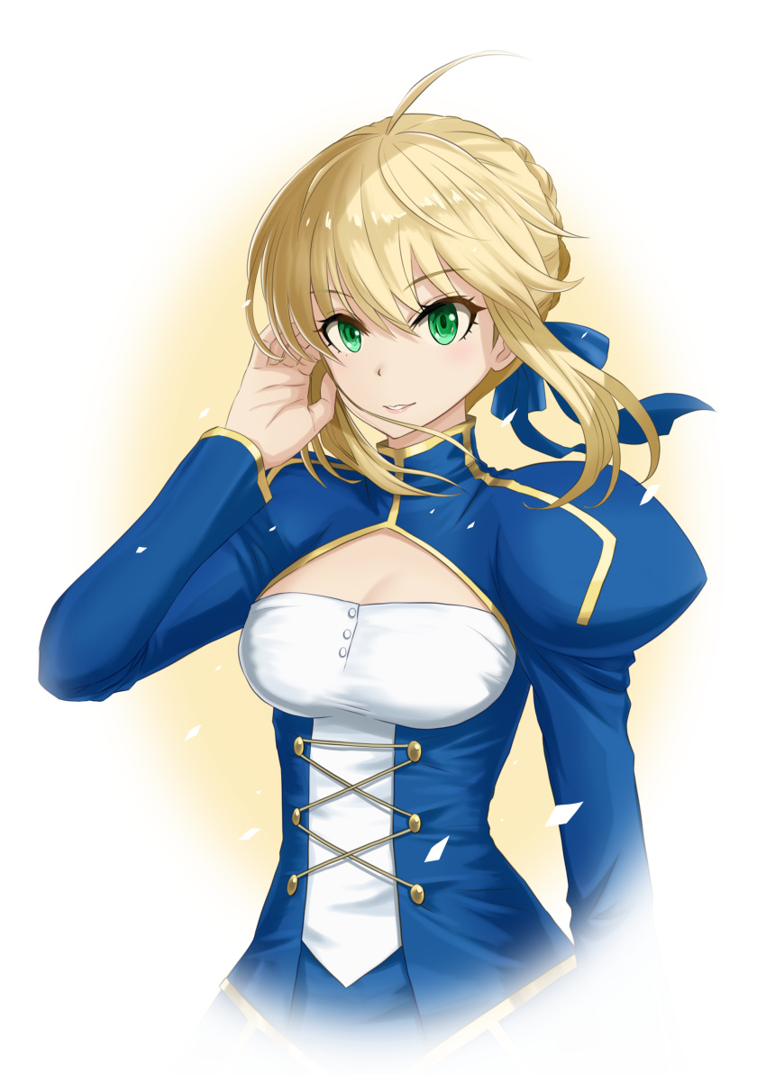 1girl ahoge artoria_pendragon_(all) blonde_hair blue_ribbon breasts cleavage_cutout clothing_cutout fate/grand_order fate/stay_night fate_(series) green_eyes hair_bun hair_ribbon juliet_sleeves long_sleeves medium_breasts puffy_sleeves ribbon saber solo takenokotaichou