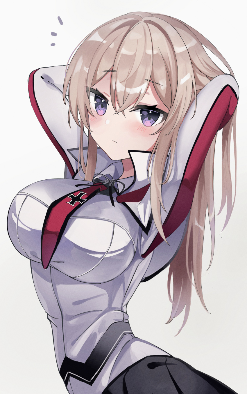 1girl absurdres black_skirt blonde_hair blush breasts closed_mouth cross eyebrows_visible_through_hair fathom graf_zeppelin_(kancolle) hair_between_eyes highres iron_cross kantai_collection large_breasts long_hair long_sleeves military military_uniform no_hat no_headwear pleated_skirt sidelocks skirt solo uniform upper_body violet_eyes