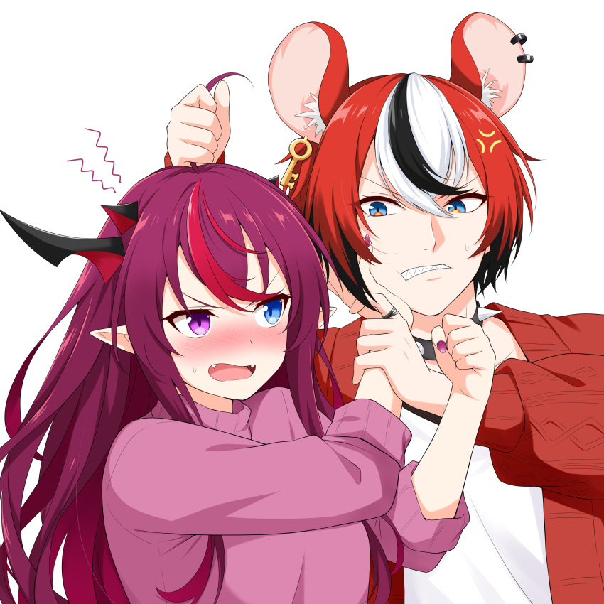 1boy 1girl absurdres ahoge alternate_costume anger_vein animal_ears annoyed aran_sweater black_collar black_hair blue_eyes blush breasts cardigan casual clenched_teeth collar couple ear_piercing fangs felutiahime fighting genderswap genderswap_(ftm) grabbing_another's_hair hair_between_eyes hakos_baelz hayko heterochromia highres holocouncil hololive hololive_english horns irys_(hololive) jewelry key_earrings long_hair looking_at_another mouse_ears mouse_girl multicolored_eyes multicolored_hair multiple_horns open_mouth piercing pointy_ears purple_hair purple_nails purple_sweater redhead ring sharp_teeth shirt short_hair simple_background spiked_collar spikes squiggle streaked_hair sweater teeth turtleneck turtleneck_sweater upper_body violet_eyes virtual_youtuber white_hair white_shirt