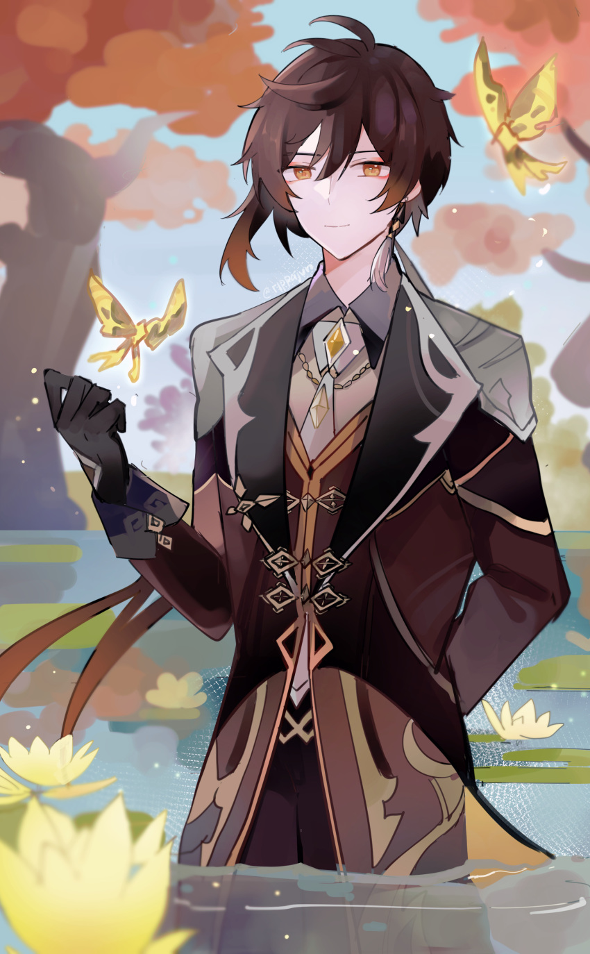 1boy absurdres black_gloves brown_coat brown_hair brown_vest bug butterfly closed_mouth coat collared_shirt commentary day earrings flower genshin_impact gloves hand_up highres jewelry lily_pad long_hair long_sleeves looking_at_viewer male_focus orange_eyes outdoors rippajun shirt single_earring smile tree vest wading water yellow_butterfly yellow_flower zhongli_(genshin_impact)