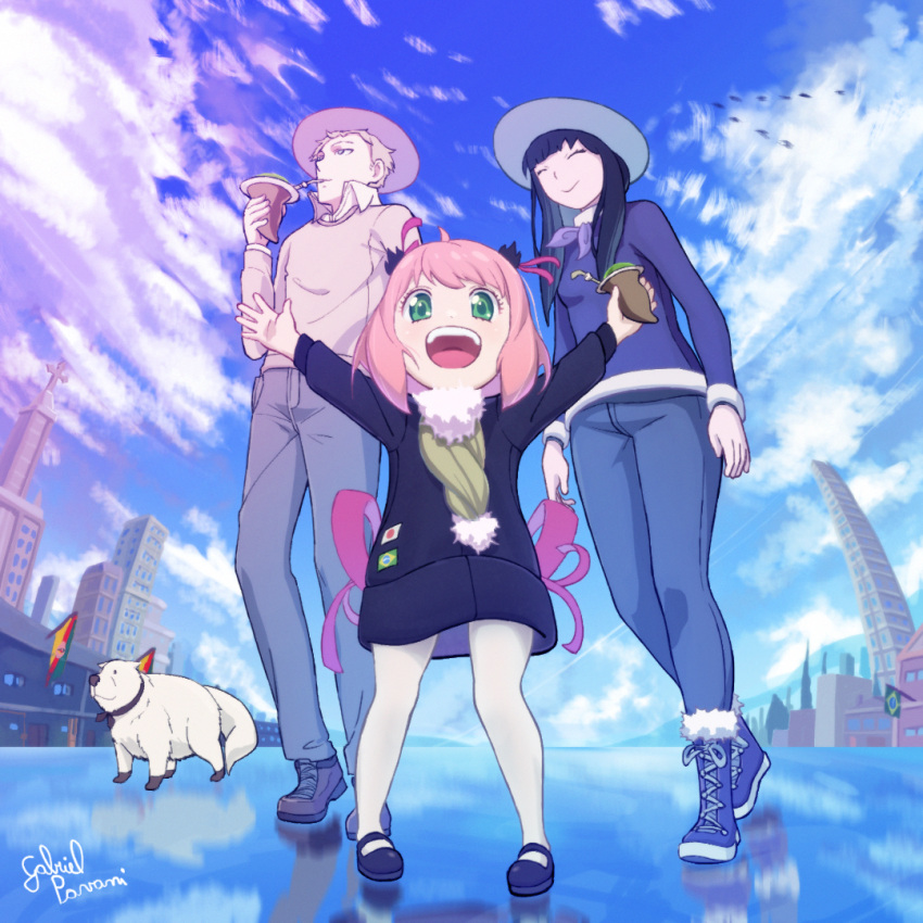 1boy 1other 2girls animal anya_(spy_x_family) anya_forger canine child cloverworks dog family full_body gabriel_pavani green_eyes human legs loid_forger mammal pet pink_hair reflective_floor scarf scenery shoes short_hair shueisha sky spy_x_family thigh-highs twilight_(spy_x_family) white_legwear winter winter_clothes wit_studio yor_briar young_adult