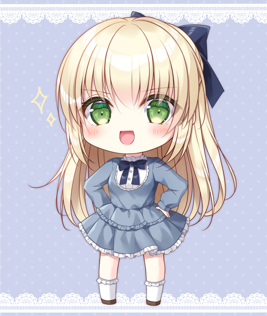 1girl :d bangs black_bow blonde_hair blue_background blue_dress blush bow brown_footwear commentary_request commission dress eyebrows_visible_through_hair frilled_dress frilled_legwear frills full_body green_eyes hair_between_eyes hair_bow hands_on_hips highres kohinata_hoshimi layered_dress long_hair long_sleeves looking_at_viewer original pixiv_request pleated_dress polka_dot polka_dot_background puffy_long_sleeves puffy_sleeves shoes sleeves_past_wrists smile socks solo sparkle standing very_long_hair white_legwear