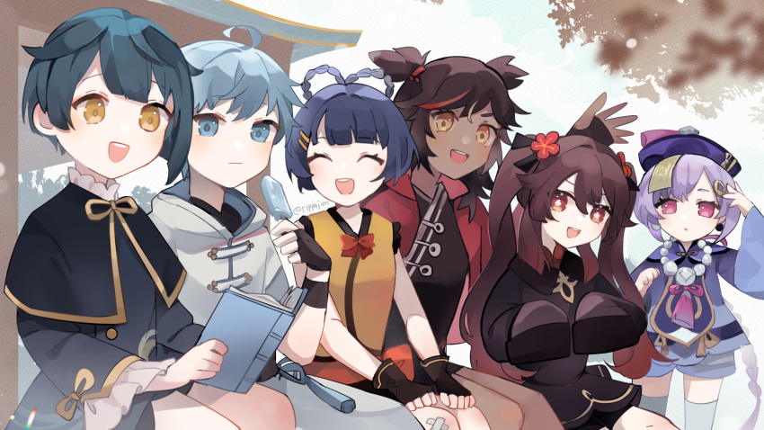 2boys 4girls absurdres ahoge black_capelet black_gloves black_shirt blue_eyes blue_hair blue_legwear blue_shorts book bow brown_eyes brown_hair capelet chongyun_(genshin_impact) closed_eyes closed_mouth commentary_request dark-skinned_female dark_skin day fingerless_gloves flower flower-shaped_pupils food genshin_impact gloves hair_flower hair_ornament hair_ribbon highres holding holding_book holding_food hu_tao_(genshin_impact) jacket long_hair long_sleeves looking_at_viewer multiple_boys multiple_girls open_mouth outdoors pink_eyes popsicle purple_hair purple_headwear purple_shirt qiqi_(genshin_impact) red_bow red_flower red_jacket ribbon rippajun shirt short_hair short_sleeves shorts sitting sleeves_past_fingers sleeves_past_wrists smile symbol-shaped_pupils teeth thigh-highs twintails twitter_username two_side_up upper_teeth vest waving white_jacket xiangling_(genshin_impact) xingqiu_(genshin_impact) xinyan_(genshin_impact) yellow_eyes yellow_vest