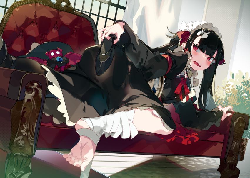 1girl bandages bangs barefoot black_dress black_hair blunt_bangs blush bow couch curtains dress fangs feet frilled_dress frills from_side hair_bow holding holding_shoes indoors karei long_hair long_sleeves looking_at_viewer maid neck_ribbon no_shoes on_couch open_mouth original red_bow red_eyes red_ribbon ribbon shoes soles sprain twintails two_side_up window
