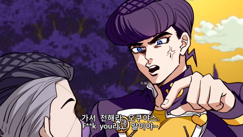 2boys anger_vein black_hair blue_eyes diamond_wa_kudakenai gakuran grey_hair higashikata_josuke jojo_no_kimyou_na_bouken korean_text male_focus multicolored_hair multiple_boys nijimura_okuyasu pointing pompadour purple_hair school_uniform sempon_(doppio_note) translation_request two-tone_hair