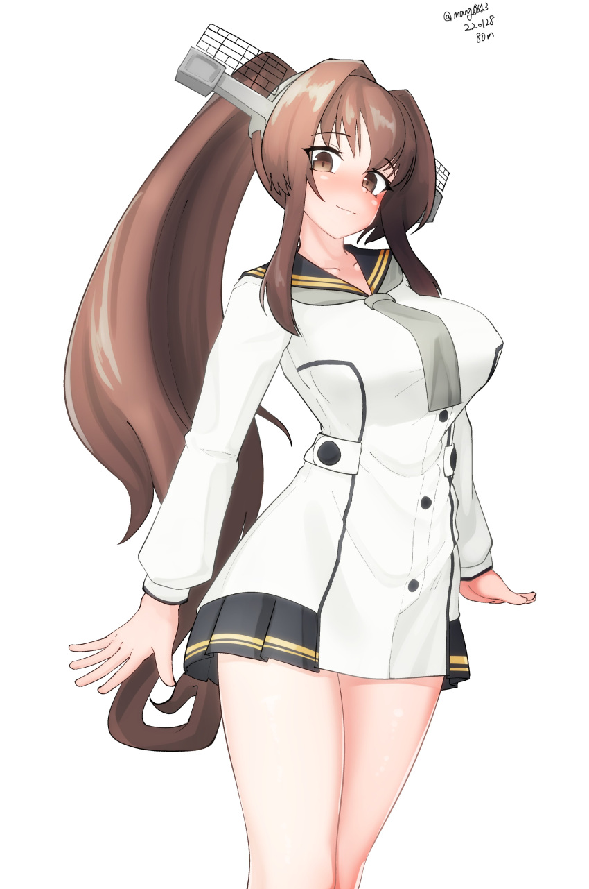 1girl absurdres anchor_symbol black_sailor_collar breasts brown_hair cherry_blossoms cosplay dated dress flower grey_neckerchief hair_flower hair_ornament headgear highres kantai_collection large_breasts long_hair looking_at_viewer maru_(marg0613) neckerchief one-hour_drawing_challenge ponytail sailor_collar sailor_dress simple_background solo standing twitter_username white_background white_dress yamato_(kancolle) yukikaze_(kancolle) yukikaze_(kancolle)_(cosplay) yukikaze_kai_ni_(kancolle)