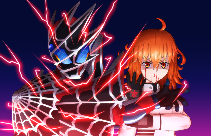 1boy armor black_armor black_gloves blue_armor blue_eyes boots clenched_hand closed_mouth command_spell compound_eyes crossover decisive-battle_chaldea_uniform driver fate/grand_order fate_(series) fujimaru_ritsuka_(female) full_body gloves glowing glowing_eyes highres kamen_rider kamen_rider_demons kamen_rider_revice looking_at_viewer orange_hair pantyhose ponzu_sht red_armor rider_belt serious shaded_face shading shadow short_hair silk solo spider_web spider_web_print spikes v-shaped_eyebrows white_armor yellow_eyes