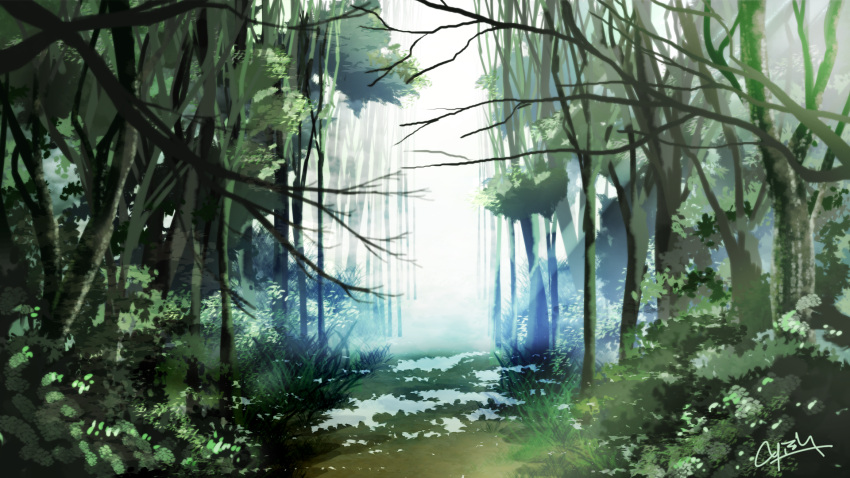 artist_name bare_tree bush commentary_request day grass green_theme highres jungle nature no_humans original outdoors partial_commentary plant reflection reflective_water scenery signature stream tree vines waisshu_(sougyokyuu) water