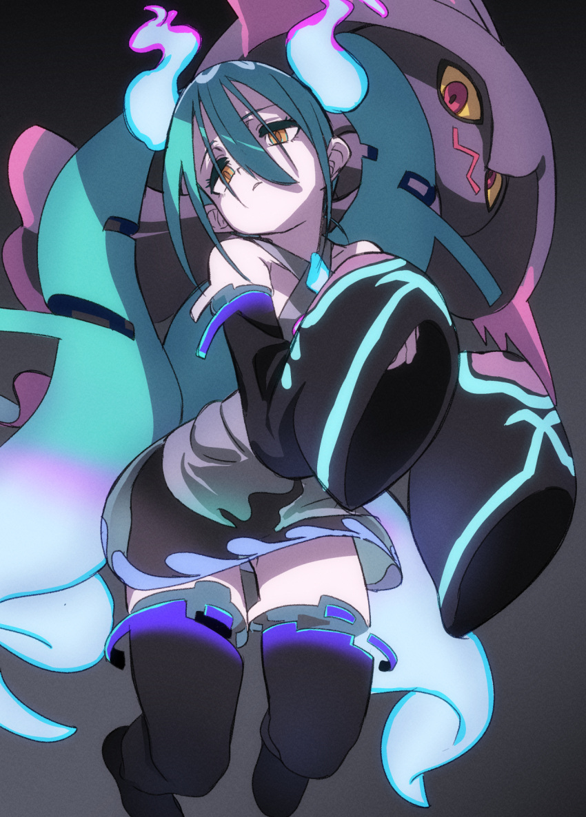 1girl aqua_hair black_thighhighs detached_sleeves fu-ta ghost ghost_miku_(project_voltage) glitch gradient_hair grey_shirt hair_between_eyes hatsune_miku highres long_hair mismagius multicolored_hair pale_skin pokemon pokemon_(creature) project_voltage see-through see-through_skirt shirt skirt sleeves_past_fingers sleeves_past_wrists thigh-highs twintails very_long_hair vocaloid will-o'-the-wisp_(mythology) yellow_eyes
