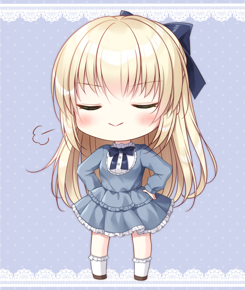 1girl :&gt; bangs black_bow blonde_hair blue_background blue_dress blush bow brown_footwear closed_eyes closed_mouth commission dress eyebrows_visible_through_hair facing_viewer frilled_dress frilled_legwear frills full_body hair_between_eyes hair_bow hands_on_hips highres kohinata_hoshimi layered_dress long_hair long_sleeves original pixiv_request pleated_dress polka_dot polka_dot_background puffy_long_sleeves puffy_sleeves shoes sleeves_past_wrists socks solo standing very_long_hair white_legwear