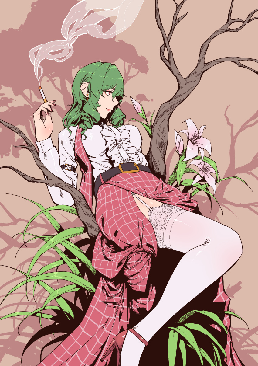 1girl absurdres alternate_hairstyle belt branch center_frills cigarette collared_shirt d'orsay_heels drill_hair drill_locks earrings fingernails flower frilled_skirt frills garter_straps grass green_hair hand_up high_heels highres in_tree jewelry kazami_yuuka lace-trimmed_legwear lace_trim leaf lily_(flower) lips long_skirt long_sleeves looking_to_the_side nail_polish open_clothes open_skirt open_vest orange_background plaid plaid_skirt plaid_vest red_eyes red_footwear red_nails red_skirt red_vest shirt short_hair skirt skirt_set smile smoke smoking stank strappy_heels stud_earrings sunflower tan_background thigh-highs tobacco touhou tree twin_drills vest wavy_hair white_legwear white_shirt