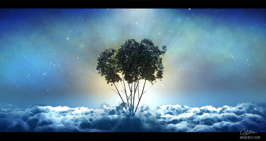 above_clouds artist_name backlighting blue_sky commentary_request dated letterboxed night no_humans original outdoors partial_commentary scenery signature sky star_(sky) tagme tree twitter_username waisshu_(sougyokyuu) watermark