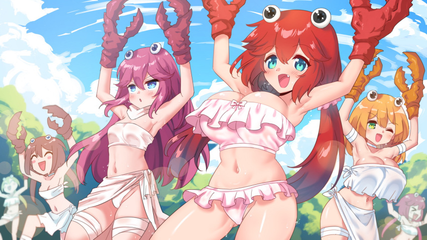&gt;_&lt; 6+girls :d :o ^_^ arm_up arthropod_girl bandaged_arm bandaged_leg bandages bikini blue_eyes blush blush_stickers breasts brown_hair choker claws closed_eyes clouds commentary crab_girl crab_rave_(meme) english_commentary fang frilled_bikini frills green_eyes hands_up highres large_breasts meme midriff multiple_girls navel original outdoors personification purple_hair rayno redhead sarong scarf side-tie_bikini small_breasts smile strapless strapless_bikini sweat swimsuit thigh_gap tree twintails upper_body white_bikini white_sarong