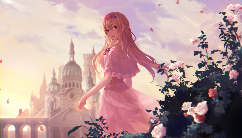 1girl bangs blonde_hair capelet character_request day dress eyebrows_visible_through_hair floating_hair flower from_behind hair_between_eyes hair_flower hair_ornament highres long_hair looking_at_viewer looking_back marchen open_mouth outdoors petals pink_capelet pink_dress pink_flower red_eyes red_flower red_rose rose see-through_silhouette solo sound_horizon standing tsaishanny very_long_hair white_flower white_rose