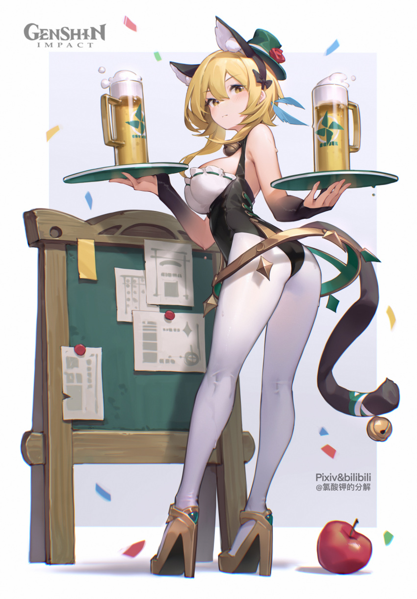 1girl absurdres alcohol animal_ear_fluff animal_ears apple bangs beer bell bilibili_xiaolu black_hairband black_leotard blonde_hair blush breasts cat_ears cat_tail closed_mouth cup fake_animal_ears fake_tail food from_behind fruit full_body genshin_impact green_headwear hair_between_eyes hairband hat highres holding holding_tray jingle_bell large_breasts leotard long_hair looking_at_viewer looking_back lumine_(genshin_impact) neck_bell pantyhose solo standing tail tail_bell tail_ornament tray white_legwear yellow_eyes