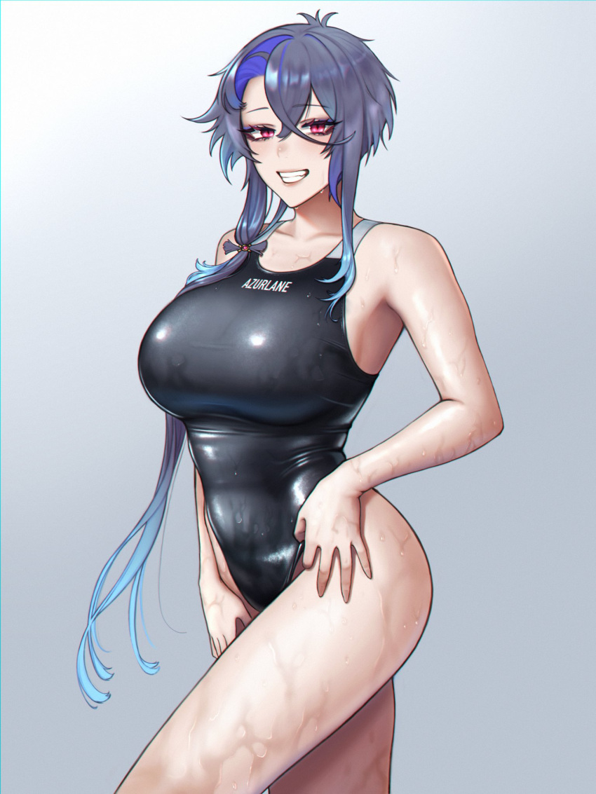 1girl ahoge alternate_costume asymmetrical_hair azur_lane bangs bare_legs black_swimsuit blue_hair blush breasts clothes_writing colored_inner_hair commentary competition_swimsuit copyright_name cowboy_shot crossed_bangs eyebrows_visible_through_hair eyelashes foch_(azur_lane) gradient gradient_background gradient_hair grey_background grin hair_between_eyes highleg highleg_swimsuit highres hihizaru_badass large_breasts lips looking_at_viewer multicolored_hair one-piece_swimsuit pink_eyes short_hair_with_long_locks sidelocks silver_hair simple_background smile solo standing swimsuit thighs two-tone_hair wet wet_clothes wet_swimsuit