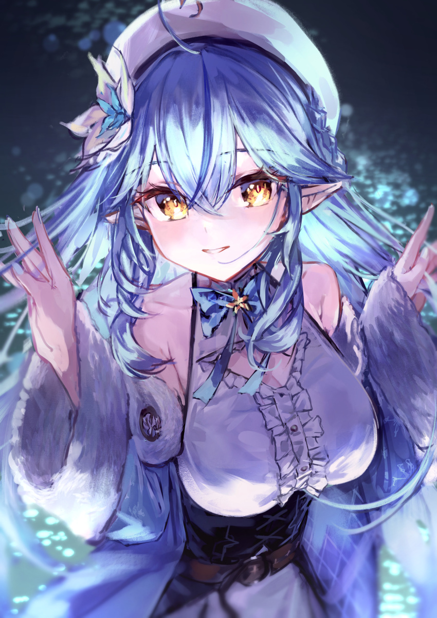 1girl absurdres ahoge bangs belt blue_bow blue_bowtie blue_coat blue_hair bow bowtie breasts brown_belt coat commentary_request corset elf eyebrows_visible_through_hair flower fur-trimmed_coat fur_trim hair_between_eyes hands_up hat heart_ahoge highres hololive large_breasts long_hair looking_at_viewer off_shoulder open_clothes open_coat parted_lips pointy_ears shirt skirt sleeveless sleeveless_shirt smile solo standing very_long_hair virtual_youtuber white_flower white_headwear white_shirt yellow_eyes yu_hydra yukihana_lamy