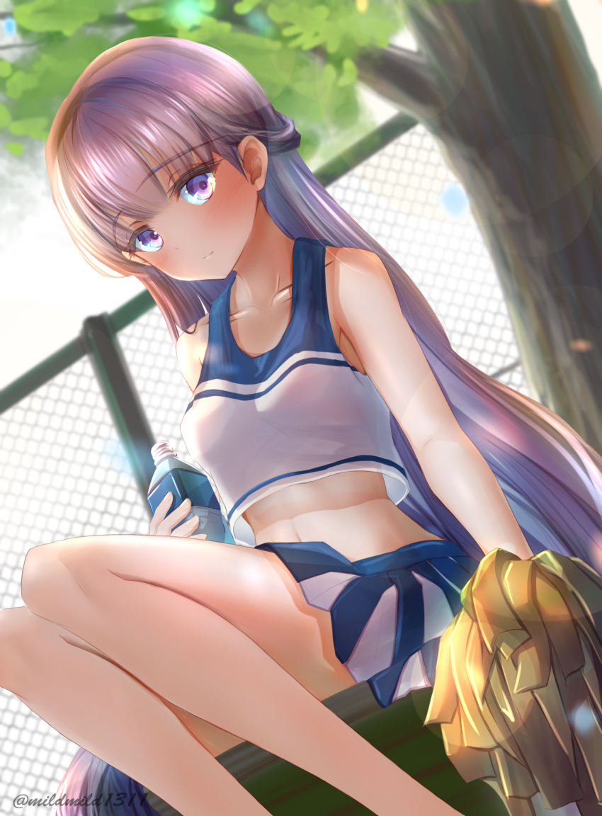 1girl absurdly_long_hair bare_shoulders blush breasts cheerleader clear_glass_(mildmild1311) collarbone commission commissioner_upload crop_top fire_emblem fire_emblem:_the_binding_blade highres holding holding_pom_poms long_hair midriff miniskirt navel pleated_skirt pom_pom_(cheerleading) purple_hair shirt simple_background sitting skeb_commission skirt sleeveless sleeveless_shirt small_breasts solo sophia_(fire_emblem) stomach tree very_long_hair violet_eyes