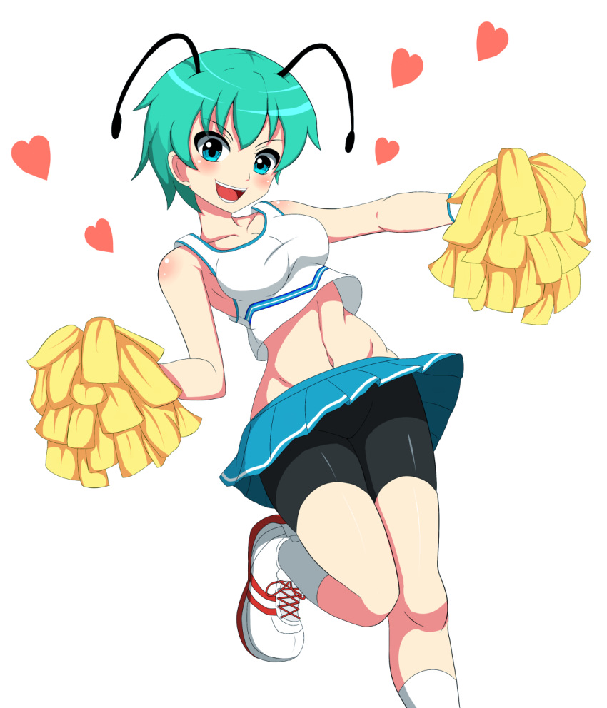 1girl :d alternate_costume antennae bike_shorts blue_skirt breasts cheering cheerleader green_eyes green_hair groin heart highres holding holding_pom_poms looking_at_viewer medium_breasts navel open_mouth pom_pom_(cheerleading) shoes short_hair simple_background skirt smile sneakers solo tank_top touhou wade99 white_background white_footwear white_legwear white_tank_top wriggle_nightbug