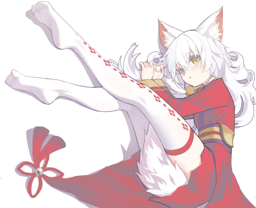 1girl animal_ear_fluff animal_ears bell cat_ears highres iranon_(new_iranon) long_hair long_sleeves looking_at_viewer no_shoes original ribbon simple_background soles spiky_hair tail thigh-highs traditional_clothes white_background white_hair white_legwear yellow_eyes