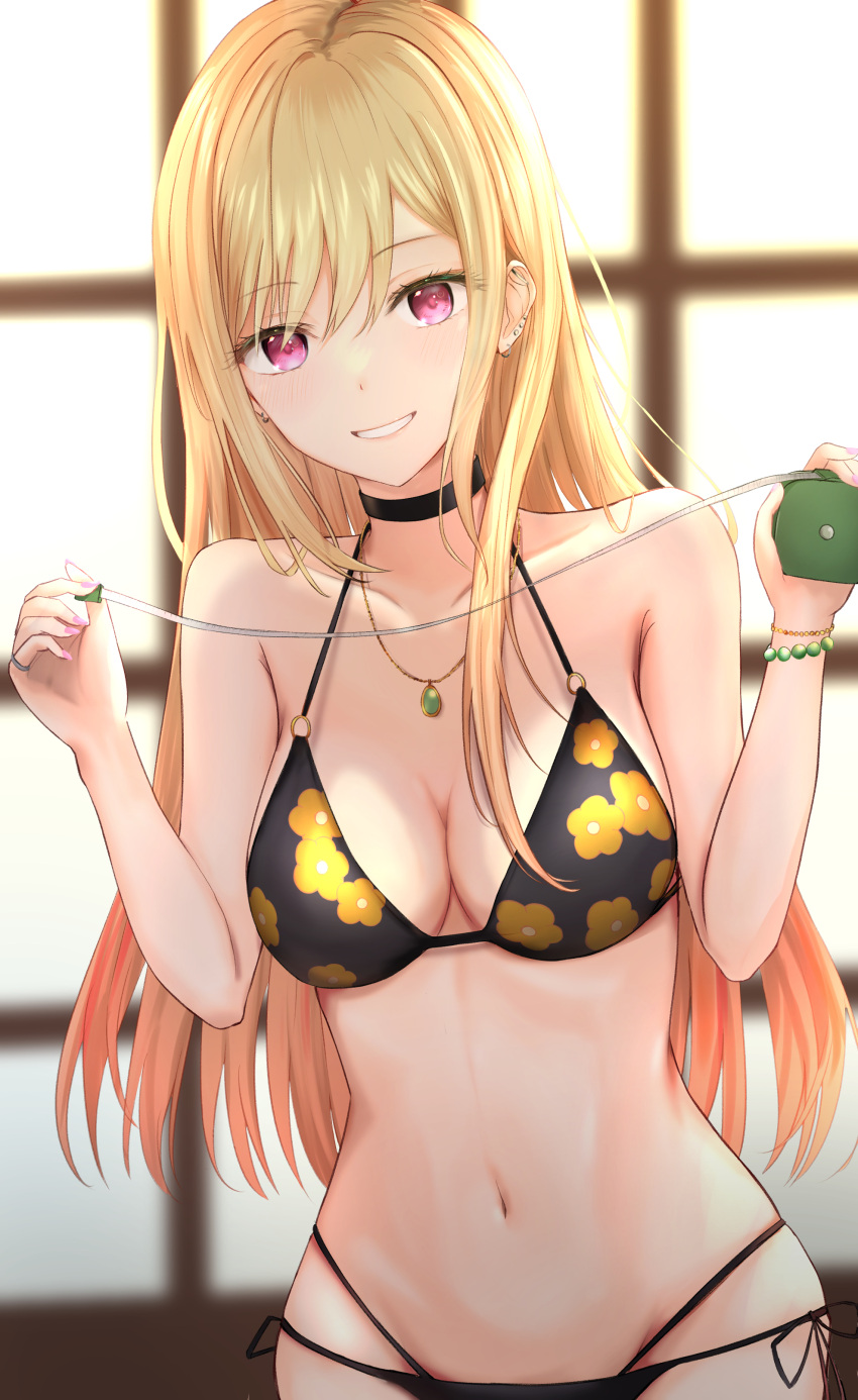 1girl absurdres bangs bead_bracelet beads bikini blonde_hair bracelet choker highres jewelry kitagawa_marin long_hair looking_at_viewer multi-strapped_bikini navel o-ring o-ring_bikini pink_eyes ribs side-tie_bikini solo sono_bisque_doll_wa_koi_wo_suru swimsuit tagme tape_measure