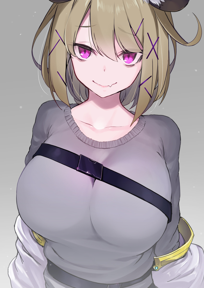 1girl animal_ear_fluff animal_ears arknights bangs breasts brown_hair chest_strap collarbone denken fang hair_ornament hairclip highres large_breasts looking_at_viewer off_shoulder shirt short_hair skin_fang smile solo strap upper_body utage_(arknights) violet_eyes x_hair_ornament