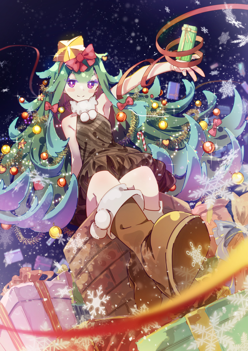 1girl absurdres bangs bare_arms blush_stickers boots bow box brown_footwear candy chimney christmas christmas_ornaments commentary_request dress eva_mashiro food gift gift_box glint green_hair hair_ornament highres long_hair looking_at_viewer original outstretched_arm partial_commentary red_bow red_ribbon ribbon sack sitting sleeveless sleeveless_dress snowflakes solo star_(symbol) star_hair_ornament tinsel violet_eyes