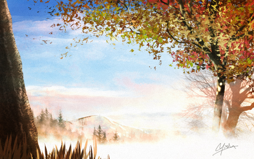 artist_name autumn_leaves bare_tree blue_sky clouds commentary_request day fog grass mountainous_horizon no_humans original outdoors scenery signature sky tree waisshu_(sougyokyuu)