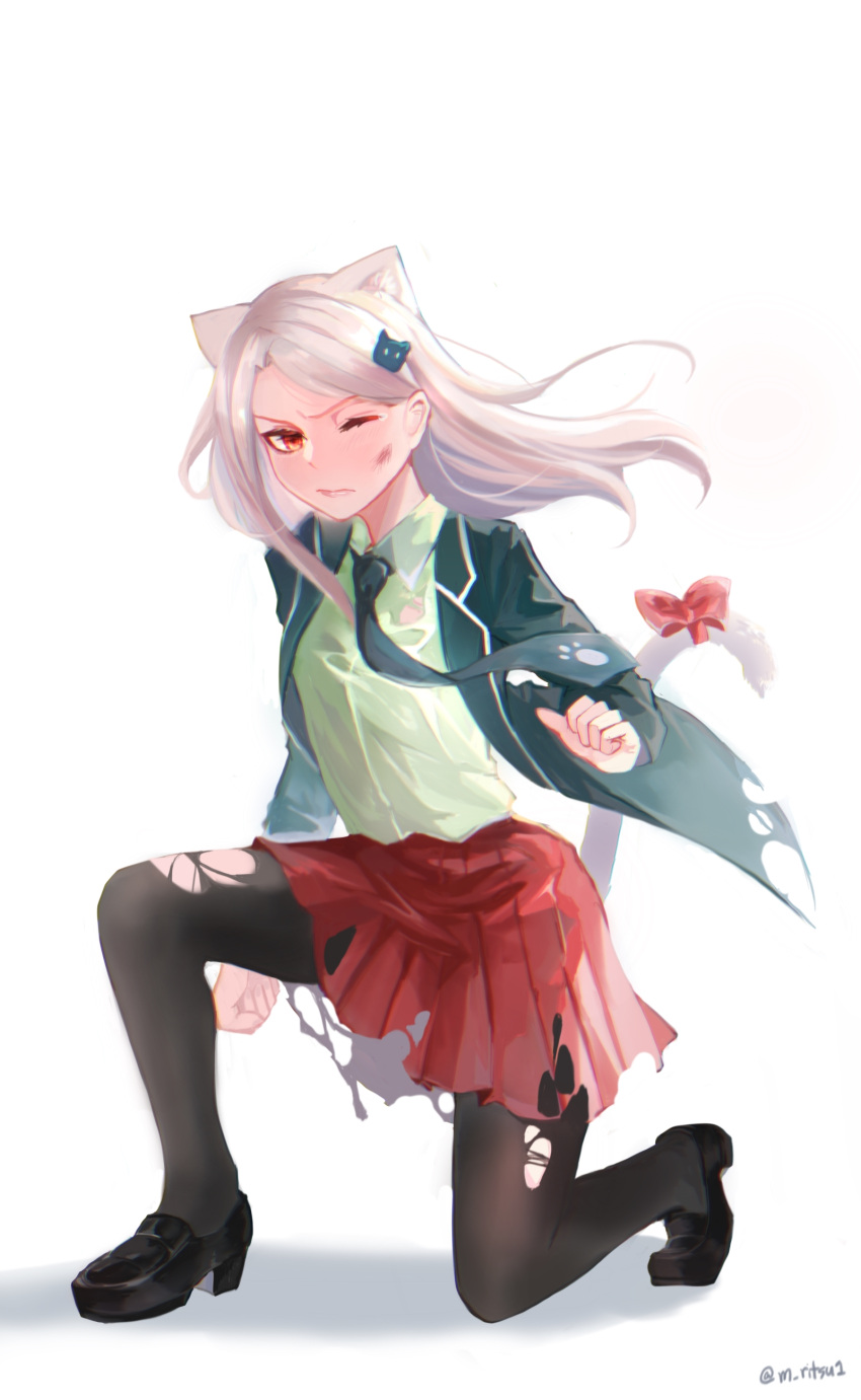 1girl absurdres animal_ears black_footwear black_jacket black_legwear black_necktie bow cat_ears cat_hair_ornament cat_tail charle_(fairy_tail) closed_mouth collared_shirt dress_shirt fairy_tail floating_hair full_body green_shirt hair_ornament highres jacket long_hair long_sleeves looking_at_viewer miniskirt necktie one_eye_closed one_knee open_clothes open_jacket pantyhose pleated_skirt red_bow red_eyes red_skirt shirt silver_hair simple_background skirt solo straight_hair tail tail_bow tail_ornament torn_clothes torn_jacket torn_legwear torn_skirt tsaishanny twitter_username white_background wing_collar