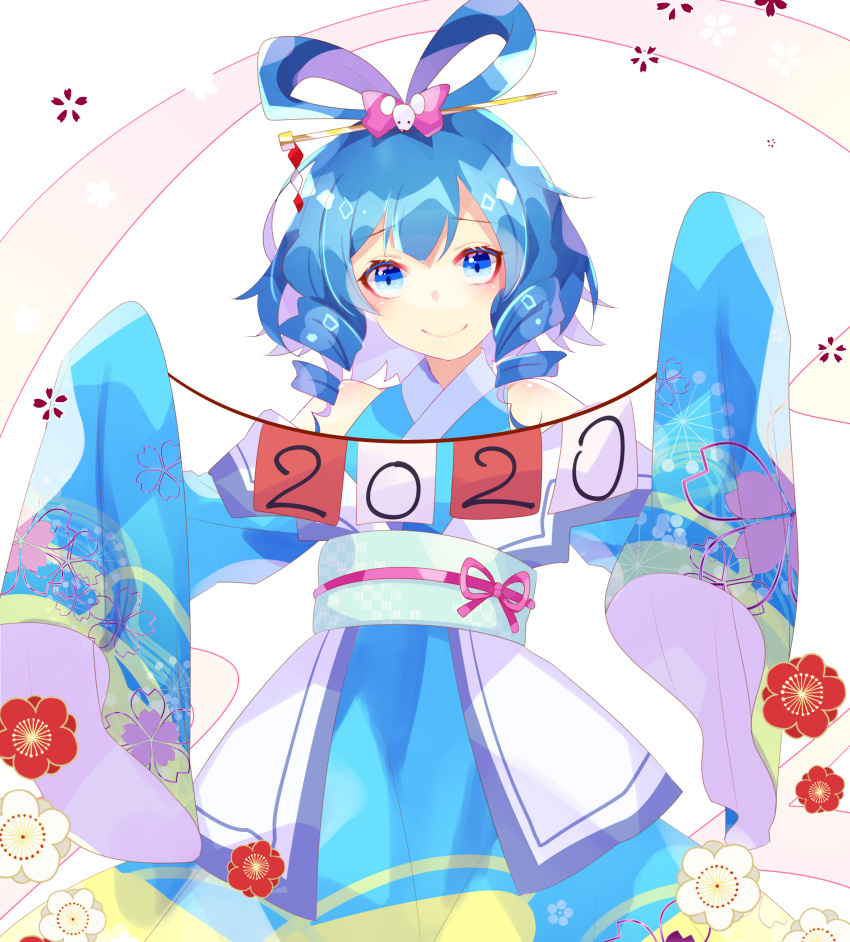 1girl 2020 absurdres adapted_costume bangs bare_shoulders blue_eyes blue_hair blush closed_mouth cowboy_shot detached_sleeves drill_locks eyebrows_visible_through_hair floppy_sleeves flower hagoromo hair_ornament hair_rings hair_stick highres kaku_seiga long_sleeves looking_at_viewer obi one-hour_drawing_challenge sash shawl shinketsu_kanyu simple_background sleeves_past_fingers sleeves_past_wrists smile solo touhou white_background