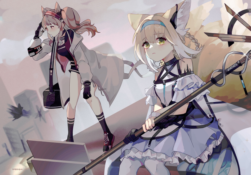 2girls absurdres angelina_(arknights) animal_ears arknights bag bare_shoulders black_gloves black_legwear black_shirt black_shorts blonde_hair blue_dress blue_hairband brown_hair building city closed_mouth clouds cloudy_sky commentary dress dutch_angle earpiece eyebrows_visible_through_hair fox_ears fox_girl fox_tail frilled_dress frills gloves gradient_hair green_eyes grey_jacket hair_rings hairband hand_up highres holding holding_staff infection_monitor_(arknights) jacket kyuubi long_hair long_sleeves looking_at_viewer multicolored_hair multiple_girls multiple_tails off-shoulder_dress off_shoulder open_clothes open_jacket oripathy_lesion_(arknights) outdoors pantyhose profile red_eyes red_footwear red_hairband red_jacket rippajun shading_eyes shirt short_sleeves shorts shoulder_bag single_glove sitting sky socks staff standing striped striped_hairband suzuran_(arknights) tail twintails white_dress white_hair white_legwear