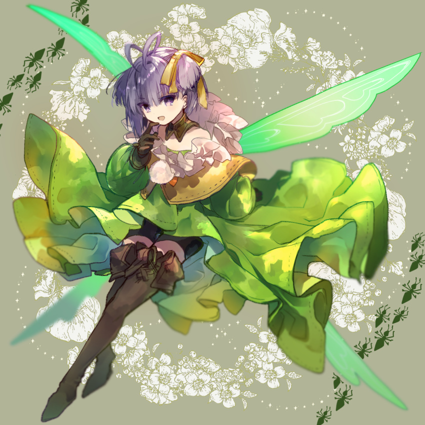 1girl :d bike_shorts boots brown_footwear brown_gloves cyawa dress fairy_wings fate/grand_order fate_(series) full_body gloves green_dress hair_ribbon hand_up highres looking_at_viewer muryan_(fate) open_mouth purple_hair ribbon smile solo thigh-highs thigh_boots violet_eyes wings yellow_ribbon