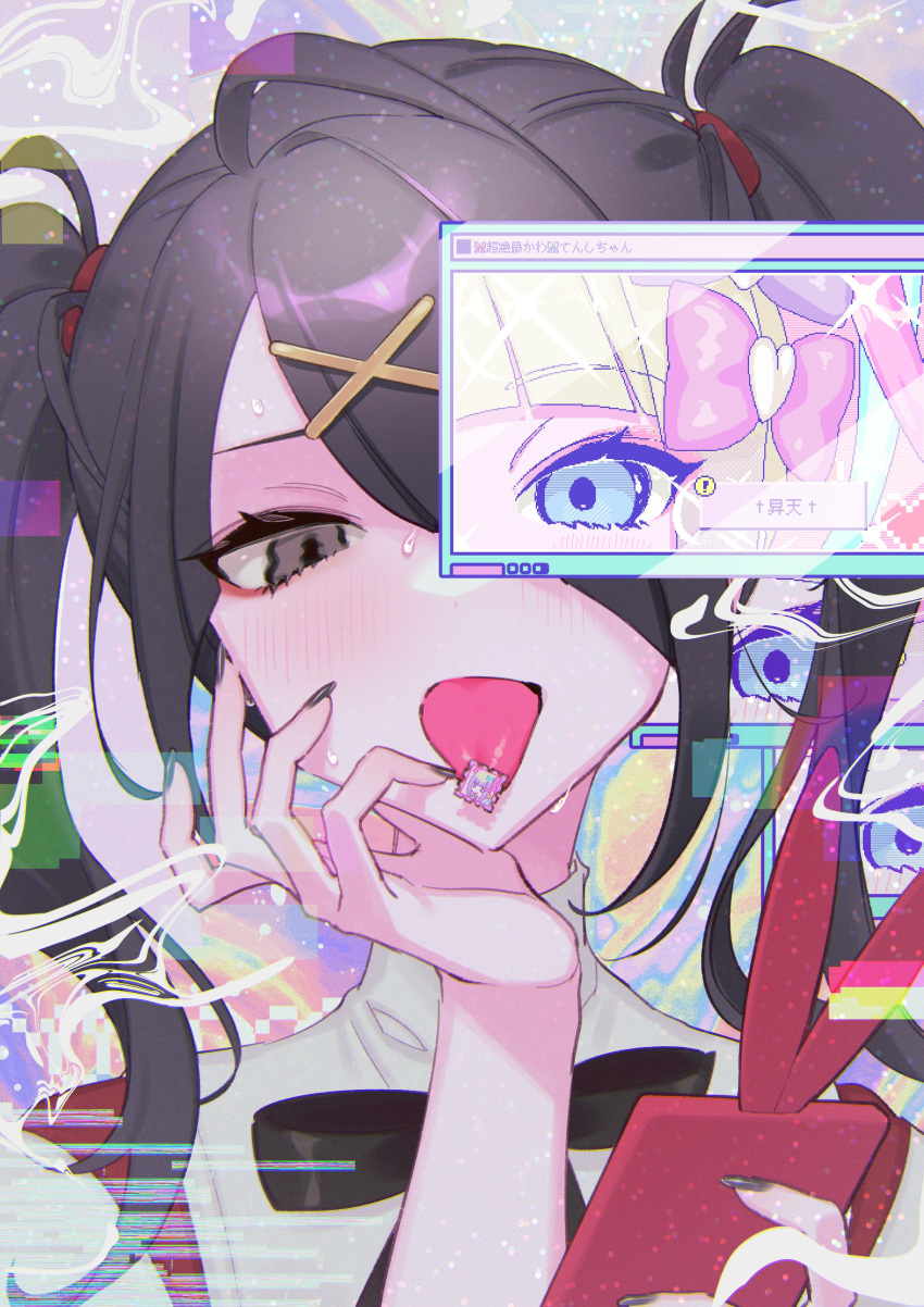 1girl absurdres acid_trip ame-chan_(needy_girl_overdose) black_bow black_hair black_nails blue_eyes blue_hair bow chouzetsusaikawa_tenshi-chan dress drugs extra_eyes eyebrows_visible_through_hair eyelashes grey_eyes hair_bow hand_on_own_face highres internet looking_at_viewer lsd multicolored_hair nail_polish needy_girl_overdose one_eye_covered phone pink_bow pink_hair purple_bow screen short_hair sidelocks solo tendosora tongue tongue_out twintails white_hair