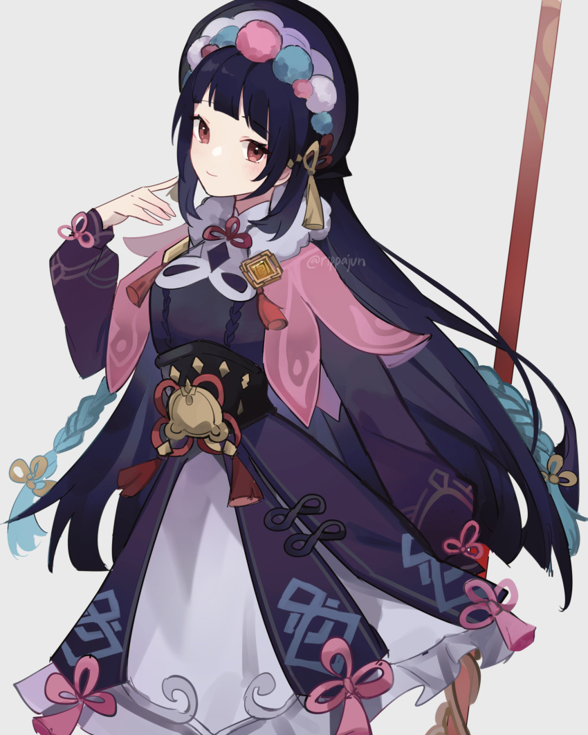 1girl absurdres blue_hair closed_mouth commentary cowboy_shot dress genshin_impact grey_background hand_up highres holding holding_weapon long_hair long_sleeves looking_at_viewer purple_dress purple_headwear red_eyes rippajun simple_background smile solo tassel twitter_username vision_(genshin_impact) weapon yun_jin_(genshin_impact)