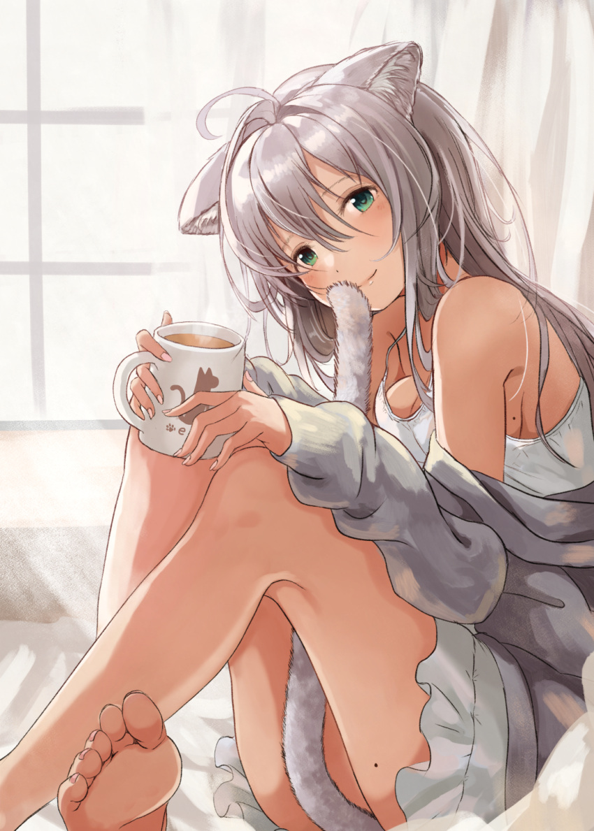 159cm 1girl ahoge animal_ears barefoot breasts cat_ears cat_tail closed_mouth crossed_legs cup curtains dress green_eyes grey_hair grey_shirt highres holding holding_cup looking_at_viewer mole mole_on_breast mole_on_thigh on_bed original shirt sideboob sitting smile solo tail white_dress window