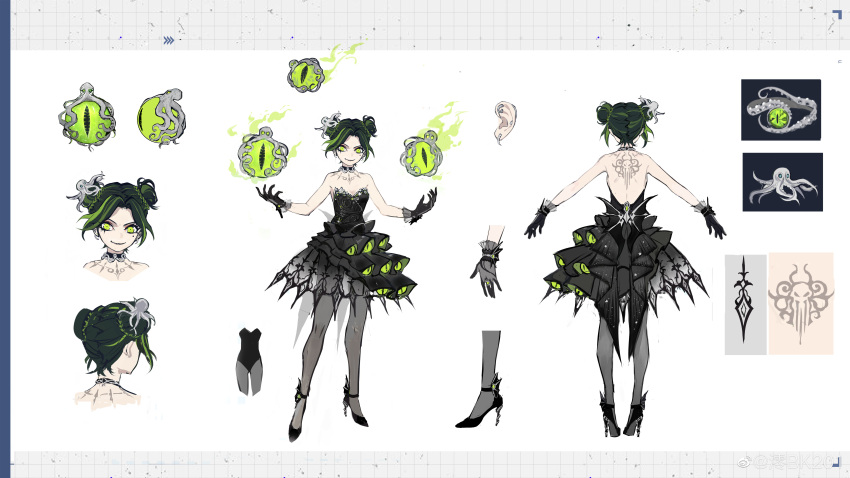1girl absurdres back_tattoo black_choker black_dress black_footwear black_gloves black_hair braid breasts character_sheet chest_tattoo chinese_commentary choker commentary double_bun dress ear_piercing earrings eyeball fire gloves green_eyes green_fire green_hair grey_legwear high_heels highres jewelry jun_ling looking_at_viewer masterwork_apocalypse medium_breasts mole mole_under_eye multicolored_hair multiple_views official_art parted_lips piercing production_art r'lyeh_(masterwork_apocalypse) sharp_teeth short_hair sleeveless sleeveless_dress smile standing strapless strapless_dress streaked_hair tattoo teeth weibo_username white_background