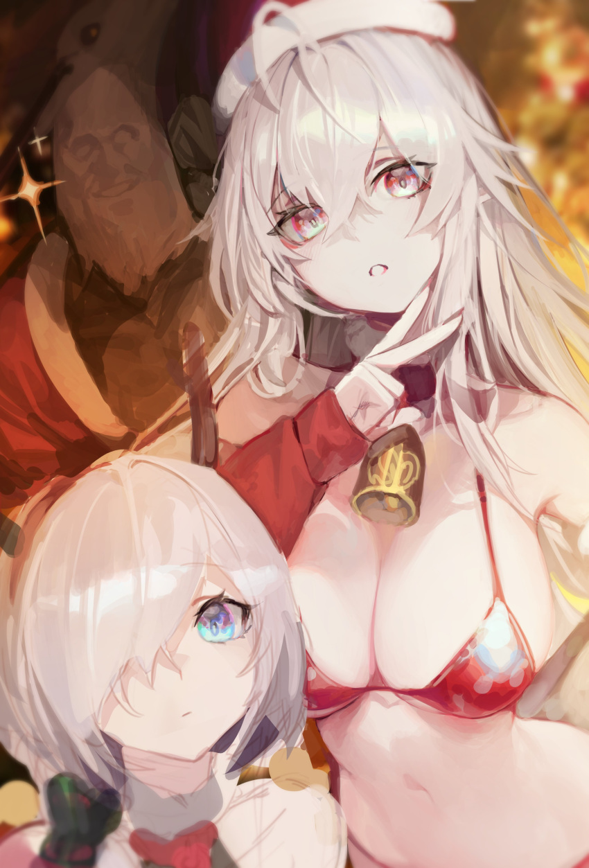 2girls absurdres antlers bell bikini blue_eyes breasts christmas chyan copyright_request grey_hair hairband highres large_breasts looking_at_viewer medium_hair multiple_girls navel neck_bell parted_lips red_bikini red_eyes swimsuit symbol-only_commentary v