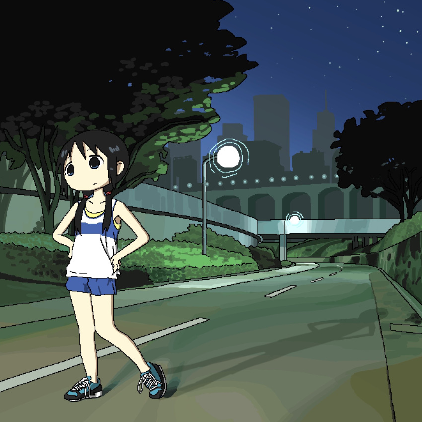 1girl album_cover_redraw alternate_costume black_eyes black_hair chito_(shoujo_shuumatsu_ryokou) closed_mouth collarbone derivative_work eli_(chibitoad) expressionless eyebrows_visible_through_hair highres lamppost long_hair looking_away low_twintails night outdoors photo-referenced road shadow shoujo_shuumatsu_ryokou solo twintails