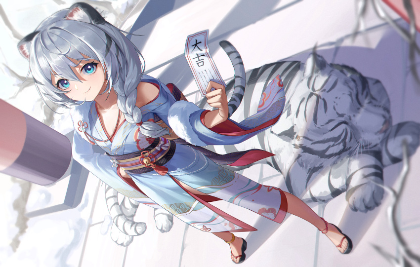1girl absurdres animal animal_ear_fluff animal_ears bangs bare_shoulders black_footwear blue_eyes blue_kimono braid chinese_zodiac closed_mouth commentary_request day dutch_angle eyebrows_visible_through_hair fang grey_hair hair_between_eyes hair_over_shoulder highres holding honkai_(series) honkai_impact_3rd japanese_clothes kimono long_hair long_sleeves looking_at_viewer mo_ying_yu off_shoulder omikuji outdoors single_braid smile solo standing theresa_apocalypse tiger tiger_ears white_tiger wide_sleeves year_of_the_tiger zouri