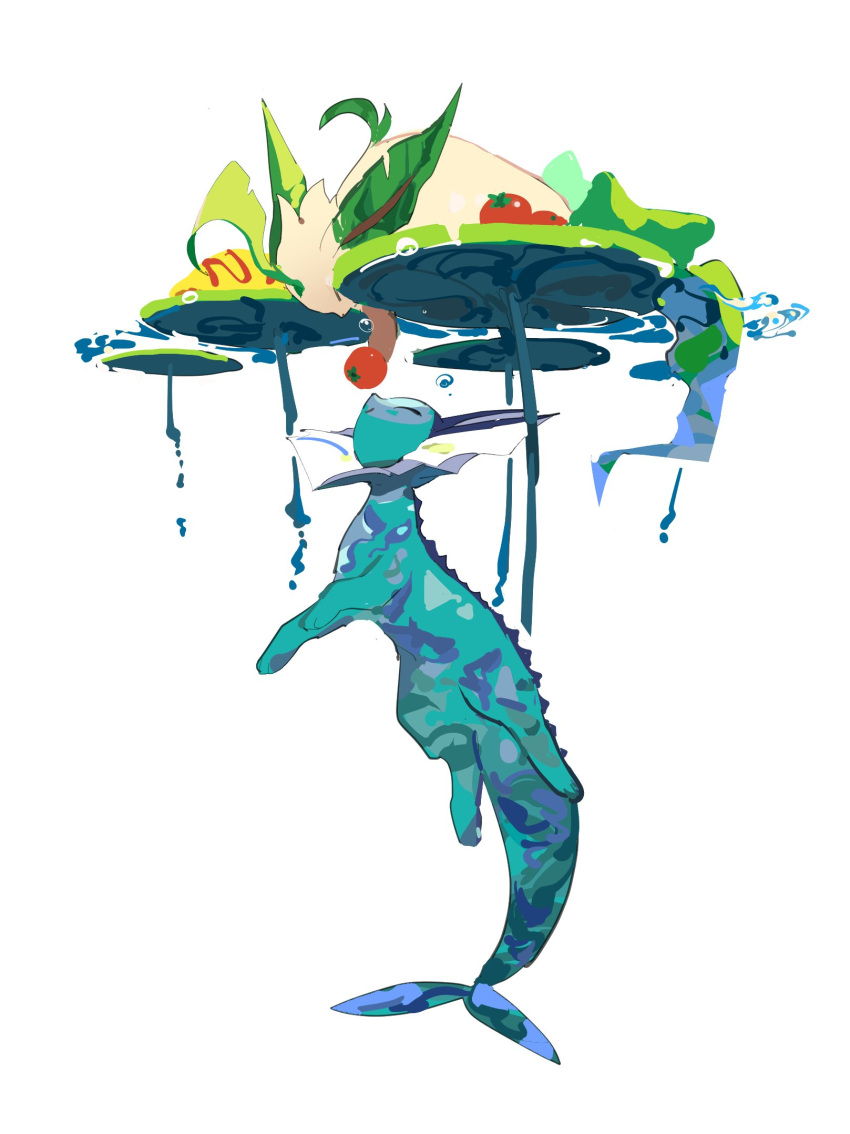 air_bubble apios1 bubble closed_eyes food full_body highres leafeon lily_pad no_humans omurice partially_submerged pokemon pokemon_(creature) submerged swimming tomato underwater vaporeon water water_lily_flower white_background