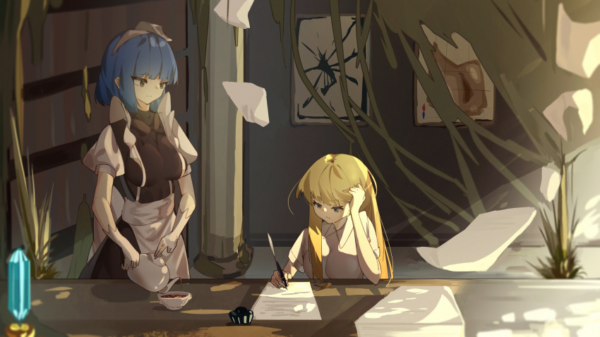 2girls absurdres apron awmin bangs blonde_hair blue_eyes blue_hair blurry day highres indoors long_hair maid maid_apron map_(object) multiple_girls original paper_stack pouring puffy_short_sleeves puffy_sleeves quill shirt short_sleeves standing sunlight table teapot white_shirt writing