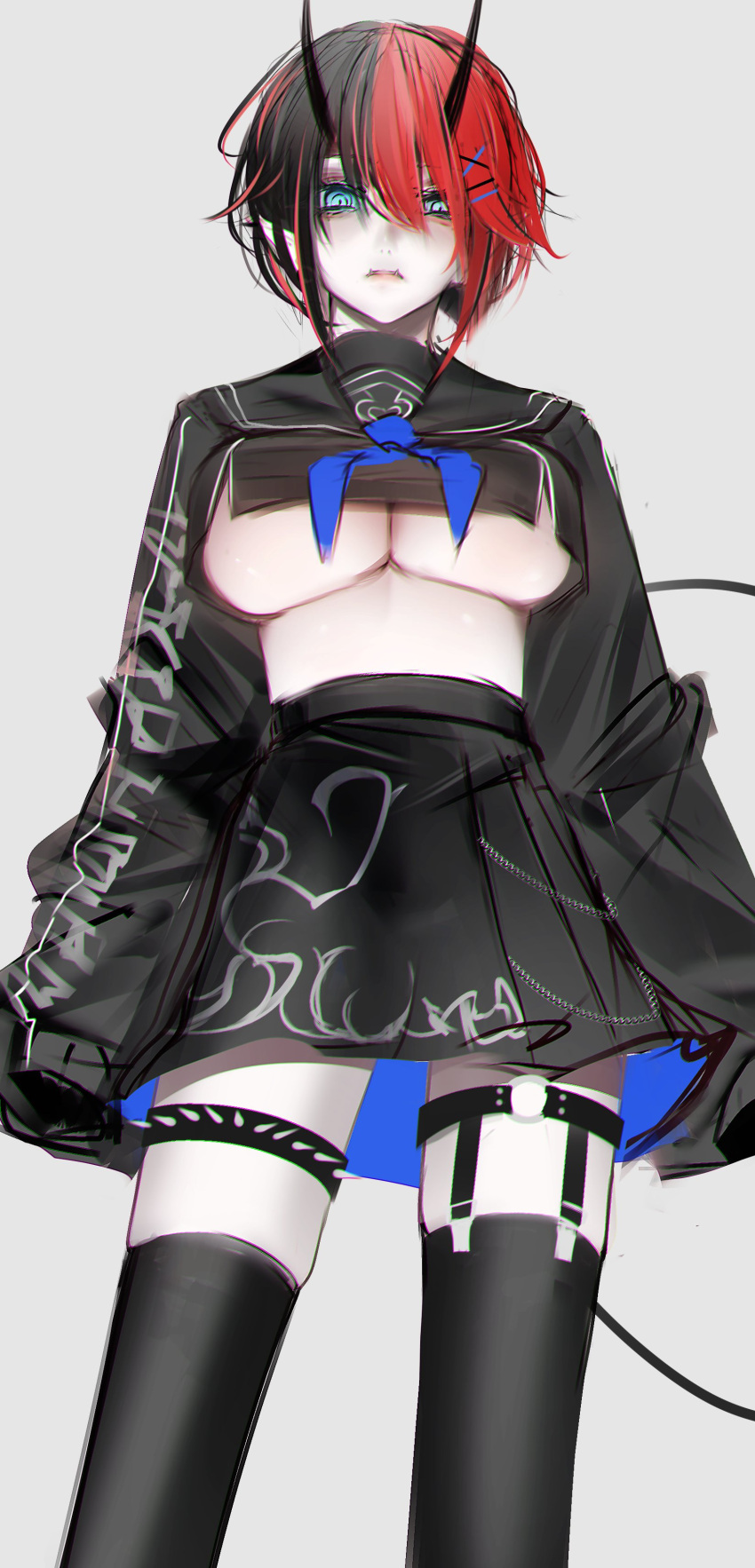 1girl absurdres bangs black_hair black_legwear black_serafuku black_skirt blue_eyes blue_neckerchief breasts chain closed_mouth crop_top demon_girl demon_horns doryudory expressionless feet_out_of_frame grey_background hair_between_eyes hair_ornament highres horns large_breasts looking_at_viewer looking_down multicolored_hair neckerchief no_hat no_headwear official_alternate_costume pleated_skirt pointy_ears redhead ringed_eyes ryugasaki_rene school_uniform serafuku short_hair simple_background skirt sleeves_past_fingers sleeves_past_wrists solo spiked_thighlet sugar_lyric tail thigh-highs tusks two-tone_hair under_boob virtual_youtuber x_hair_ornament