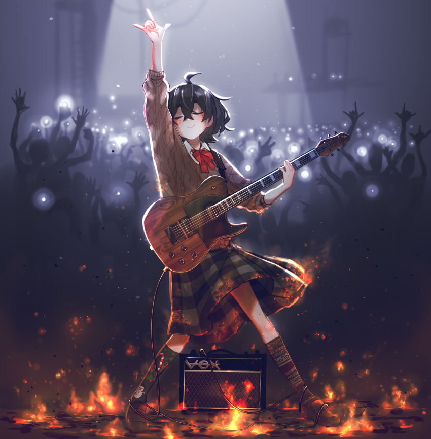 1girl \m/ absurdres arm_up bangs black_hair blind_girl_(popopoka) bow bowtie box brown_sweater cable crowd fire freckles grey_skirt guitar highres holding instrument kneehighs original plaid plaid_skirt popopoka red_bow red_bowtie shiny shiny_hair shirt skirt smile solo_focus sweater