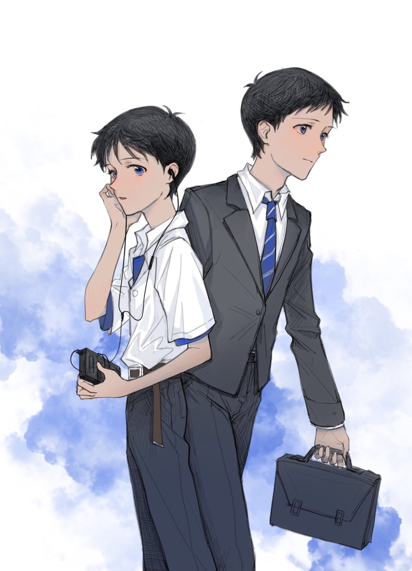 2boys age_difference bag belt black_bag black_hair black_pants black_suit blue_eyes blue_necktie blue_neckwear blue_shirt blue_sky brown_belt business_suit cable cassette_player closed_mouth clouds cloudy_sky collared_shirt deep53river diagonal-striped_neckwear diagonal_stripes earphones earphones evangelion:_3.0+1.0_thrice_upon_a_time formal highres holding holding_bag holding_earphones ikari_shinji listening_to_music long_sleeves multiple_boys necktie neon_genesis_evangelion pants parted_lips rebuild_of_evangelion school_uniform shirt shirt_under_shirt short_hair short_sleeves sky standing striped striped_necktie suit suit_jacket time_paradox walking walkman white_background white_shirt
