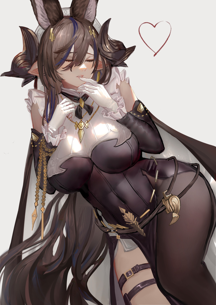 1girl absurdres animal_ears asymmetrical_legwear black_dress blue_hair breast_curtains breasts brown_hair closed_eyes covered_navel detached_sleeves dress dutch_angle extra_ears finger_to_mouth frilled_sleeves frills galleon_(granblue_fantasy) gloves granblue_fantasy hair_between_eyes hair_ornament heart highres horns large_breasts long_hair multicolored_hair pelvic_curtain pointy_ears ru03s06 single_leg_pantyhose single_thighhigh streaked_hair thigh-highs thigh_strap veil very_long_hair white_background white_gloves