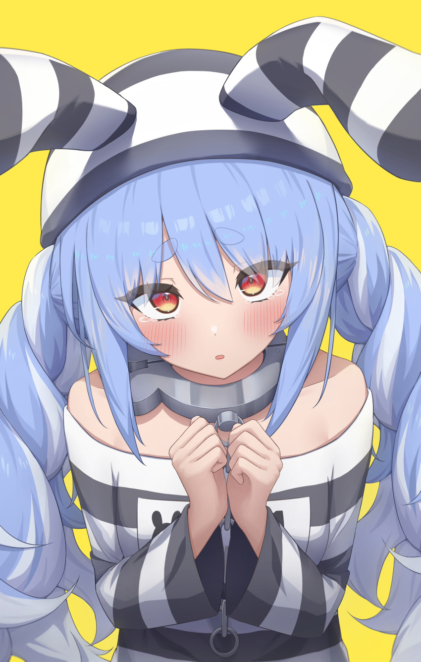 1girl absurdres animal_ears blue_hair blush braid eyebrows_visible_through_hair highres hololive long_hair long_sleeves looking_at_viewer multicolored_hair official_alternate_costume parted_lips prison_clothes rabbit_ears rabbit_girl red_eyes shirt simple_background solo streaked_hair striped striped_shirt thick_eyebrows twin_braids upper_body usada_pekora virtual_youtuber white_hair yellow_background yihsien