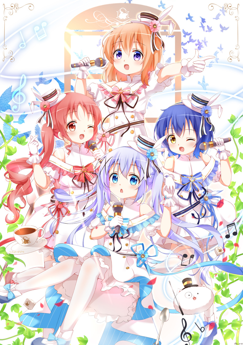 4girls :d ;o blush buttons chinese_commentary double-breasted dress gloves gochuumon_wa_usagi_desu_ka? hat highres holding holding_microphone hoto_cocoa jouga_maya kafuu_chino looking_at_viewer microphone mini_hat multiple_girls natsu_megumi off-shoulder_dress off_shoulder one_eye_closed open_mouth painter-lhb short_sleeves smile tippy_(gochiusa) white_dress white_gloves